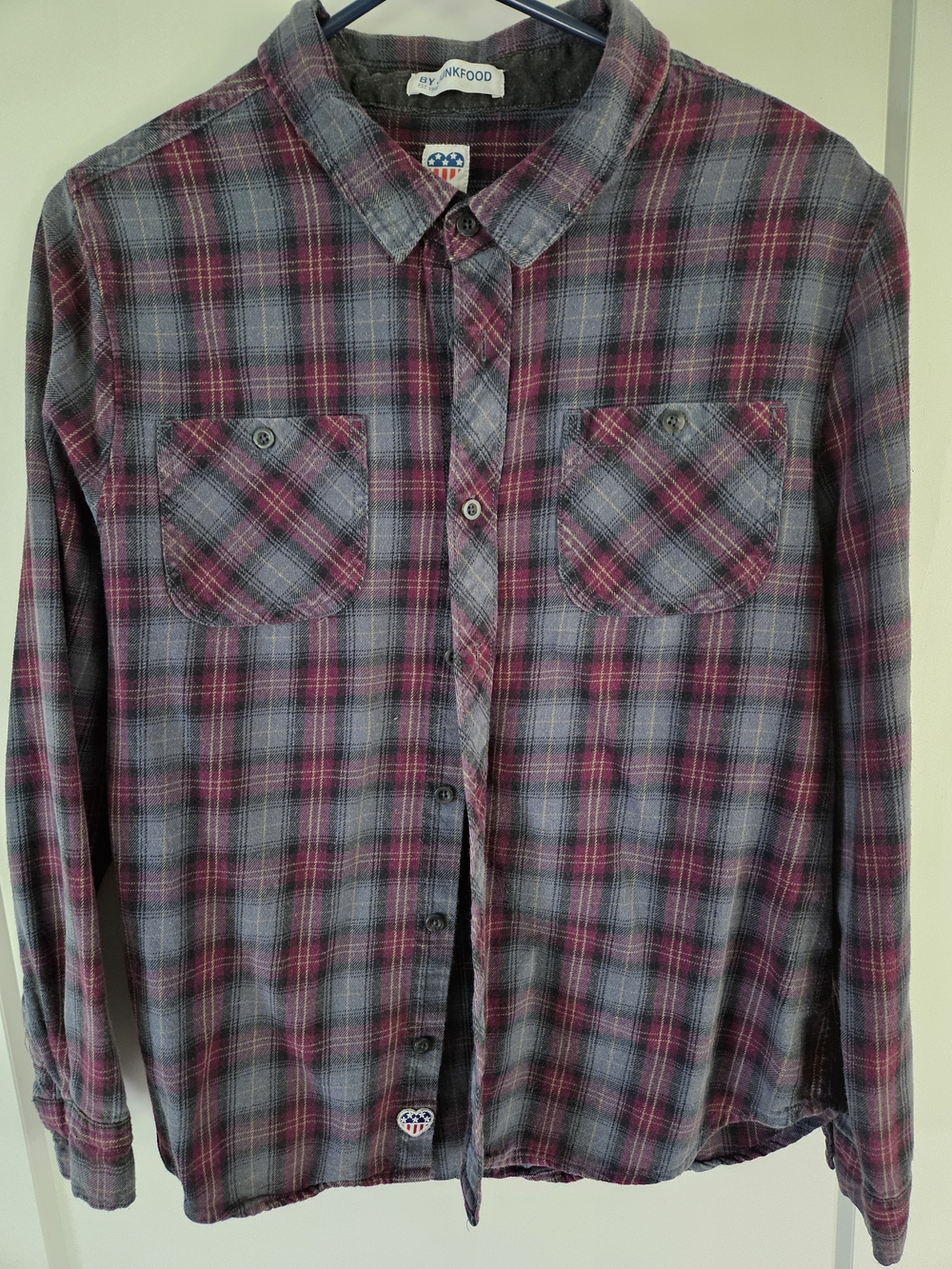 By Junk Food Gray Purple Plaid Button Down Flannel Shirt